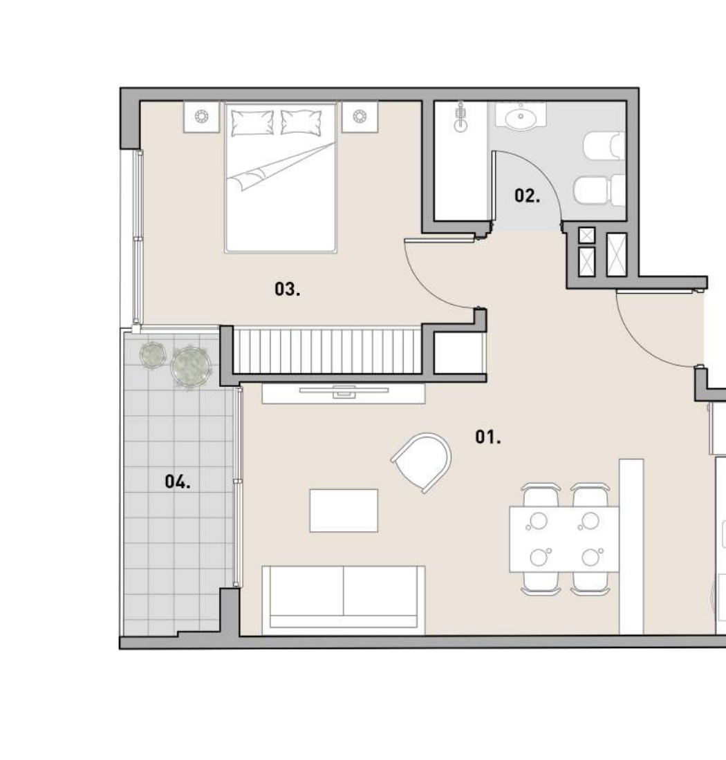 Plano 2 ambientes contrafrente — pisos 2° a 8°