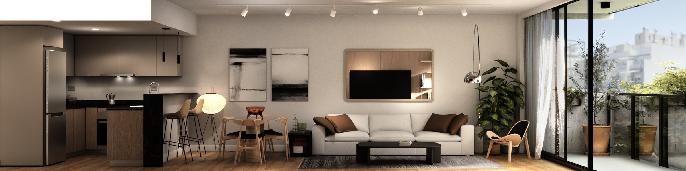 Render living-comedor con cocina integrada